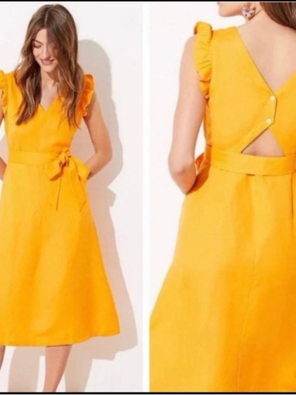 LOFT Golden Yellow V-Neck Midi Dress with Ruffle Sleeves